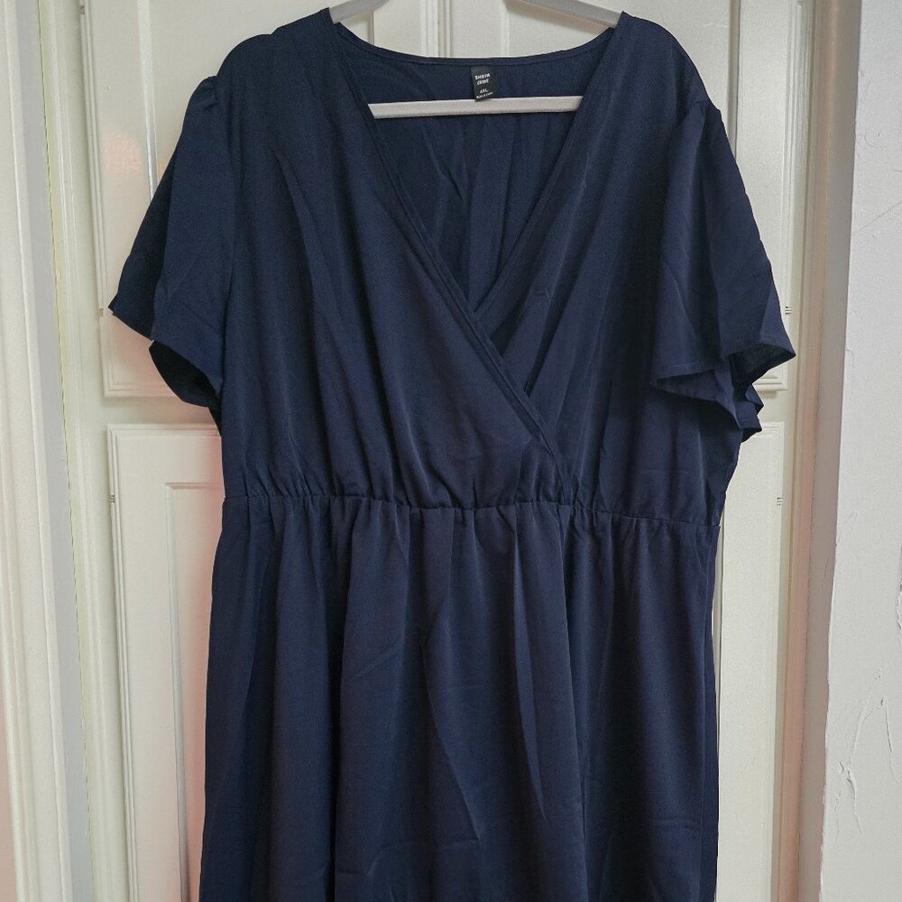 Shein Curve Navy Wrap Dress w/ Crochet & Ruffle Hem